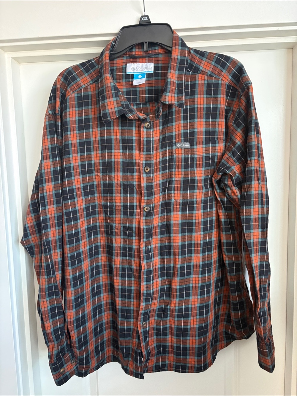 Columbia Men's Orange and Gray Plaid Long-Sleeve Button-Down Shirt